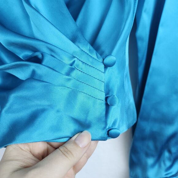 Vtg 100% Silk Satin Wrap Blouse Sz 4 Luxe Peck & Peck Long Sleeve Side Button - Picture 3 of 13